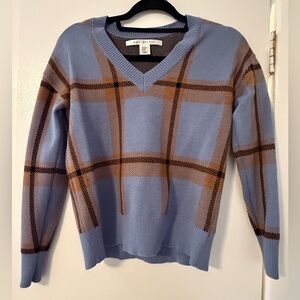 Max Studio Blue and Brown Plaid V-Neck Sweater